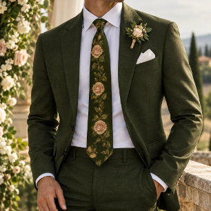 Olive Blush Pink Rose Vine Botanical Tie