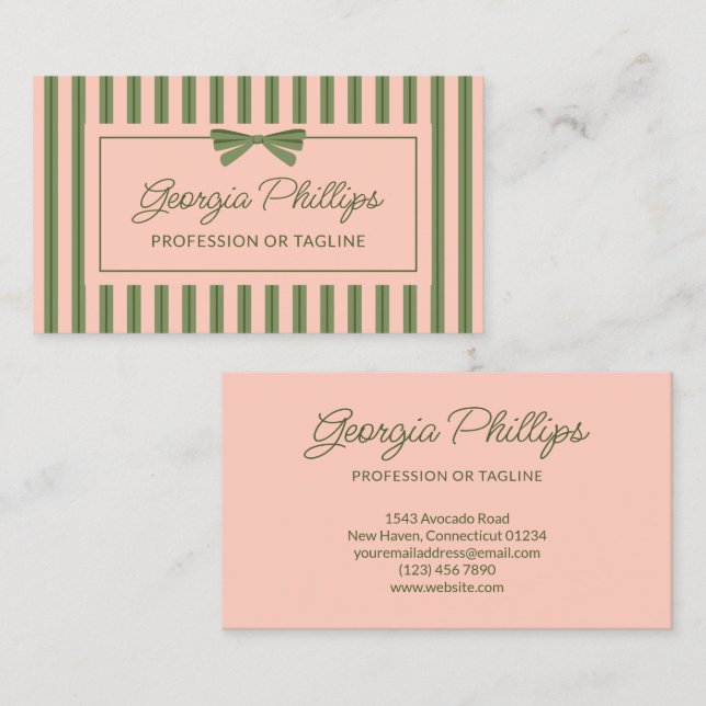 Olive Blush Stripes & Bow Retro Business Card (Front/Back)