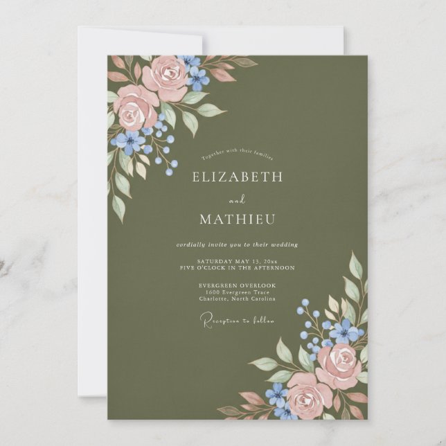 Olive Blush Watercolor Wedding Invitation (Front)