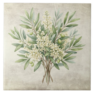 Olive Bouquet Mediterrean Watercolors Rustic Ceramic Tile