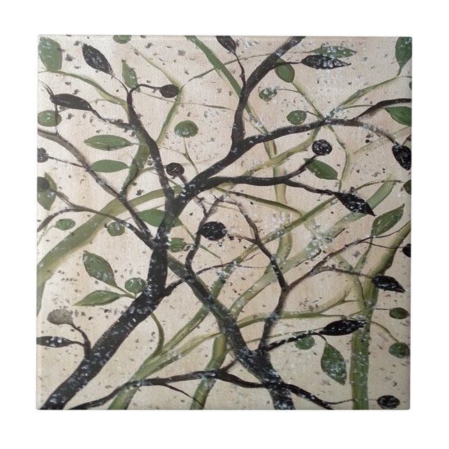 Olive Branch Abstract Art Ceramic Tile (Front)