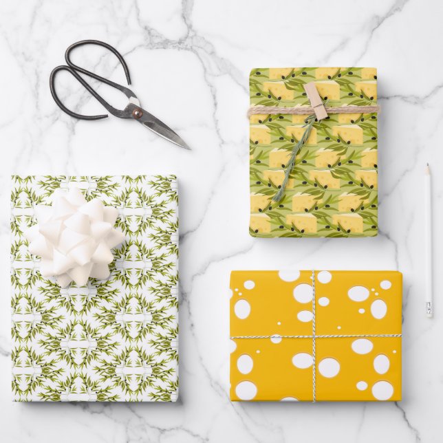 Olive Branch and Yellow Cheese Pattern Wrapping Paper Sheets (Front)