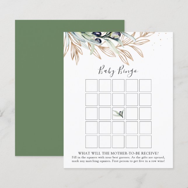 Olive Branch Baby Shower Bingo Game Card  (Front/Back)