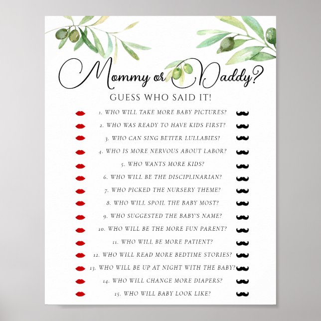 Olive branch Baby Shower Mommy Or Daddy Game Poster (Front)