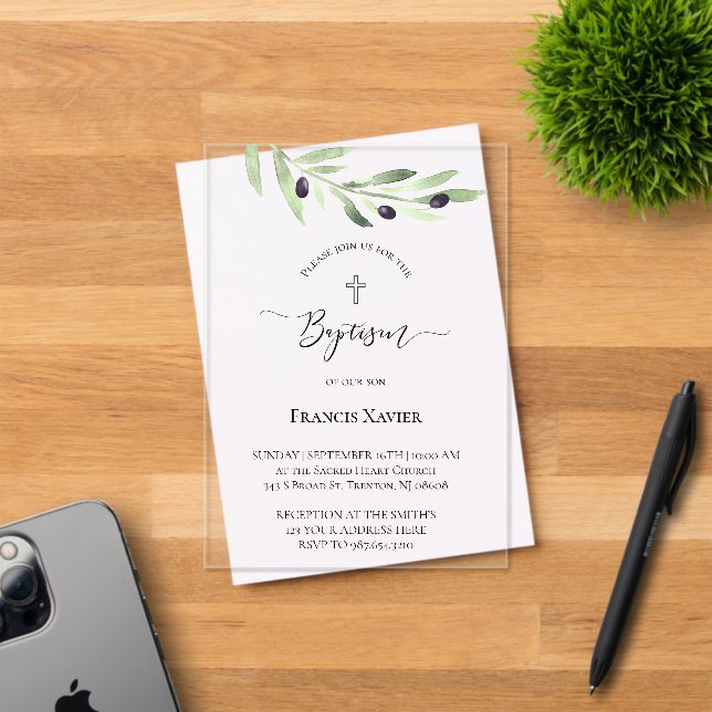 olive branch Baptism Acrylic Invitations (Insitu (Invitation Card))