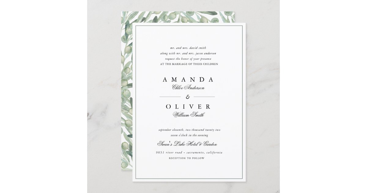 Botanical Olive Branch Elegant Monogram Wedding Invitation