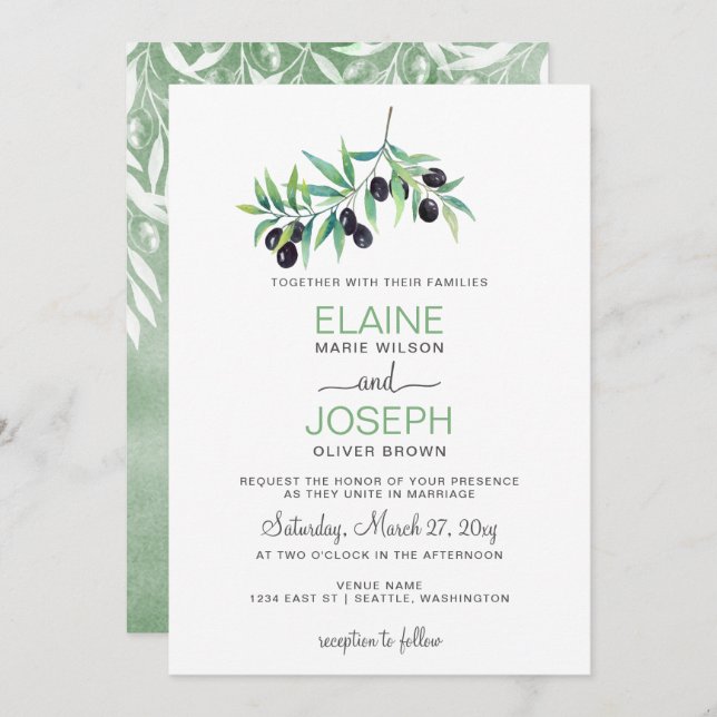 Olive Branch Botanical wedding invitations (Front/Back)