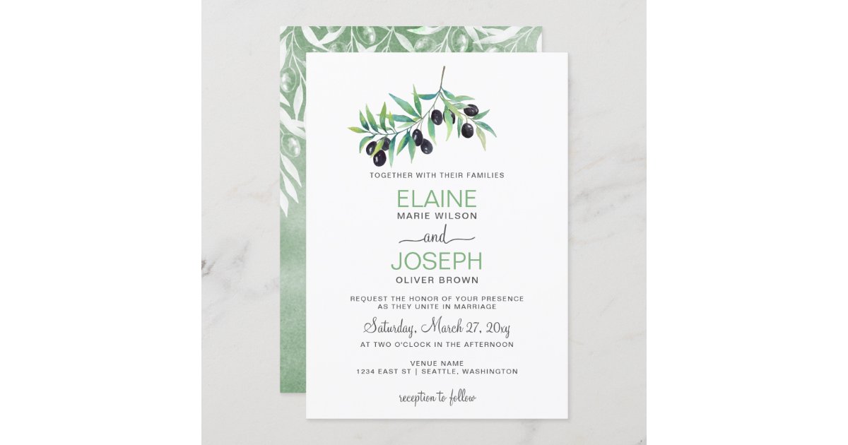 Botanical Olive Branch Elegant Monogram Wedding Invitation