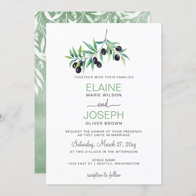 Olive Branch Botanical wedding invitations (Front/Back)