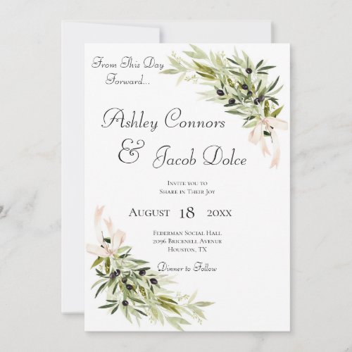 Olive Branch Bouquets Green Wedding Invitation