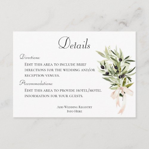 Olive Branch Bouquets Wedding Details Enclosure Card