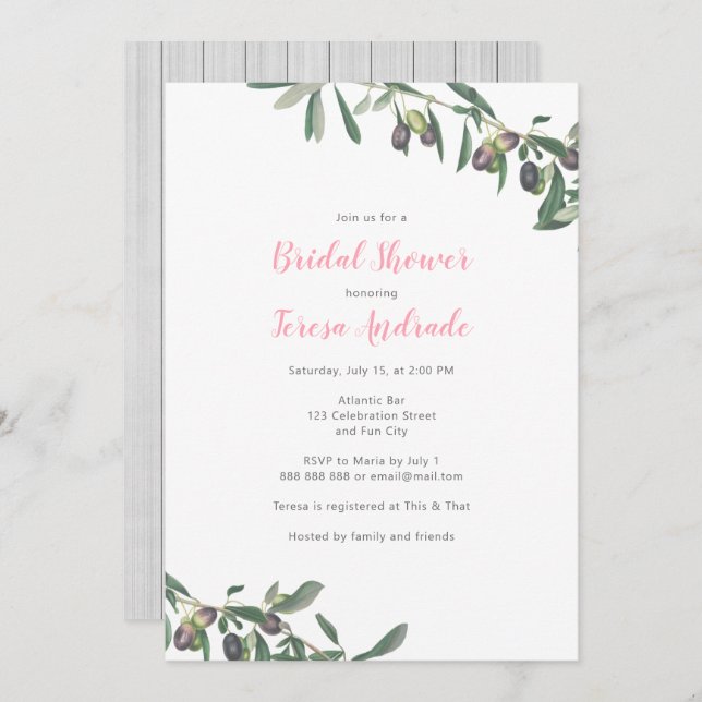 Olive Branch Bridal Shower Mediterranean Botanical Invitation (Front/Back)