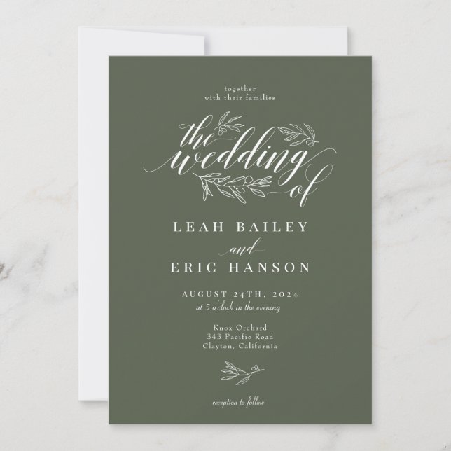 Olive Branch Calligraphy Hand Drawn Wedding Invitation (Front)