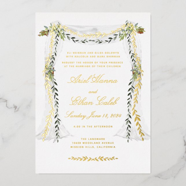 Olive Branch Chuppah Wedding Gold Foil Invitation (Front)