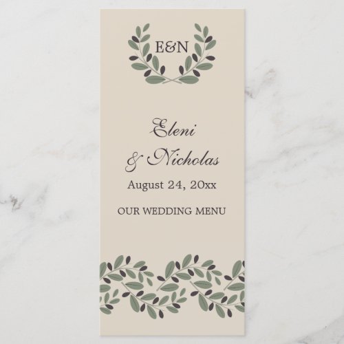 Olive branch garland and wreath wedding menu card