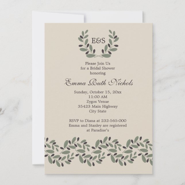 Olive branch garland wedding bridal shower invitation (Front)