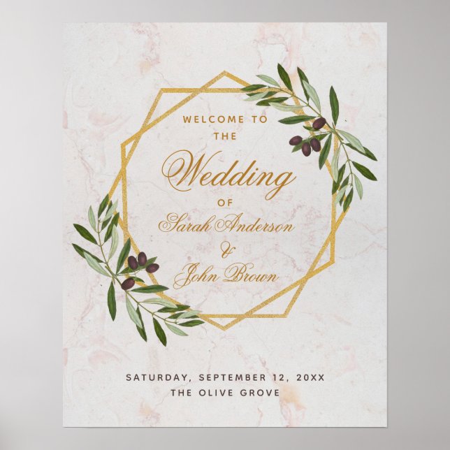 Olive Branch Greenery Gold Wedding Welcome Sign (Front)