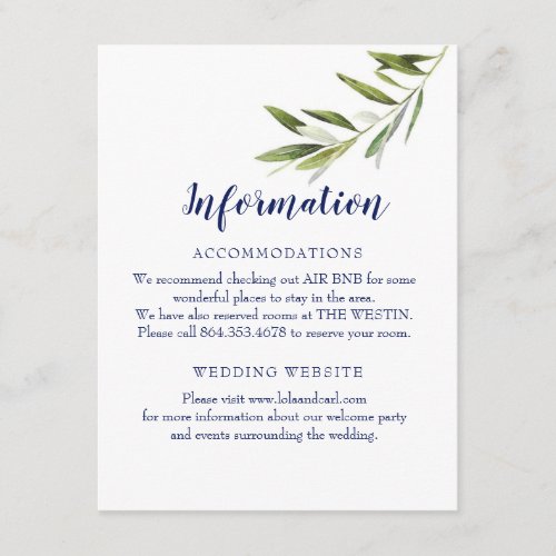 Olive branch information card for wedding