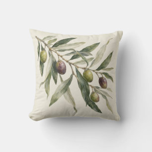 Olive Branch Ivory Botanical Watercolor Throw Pillow