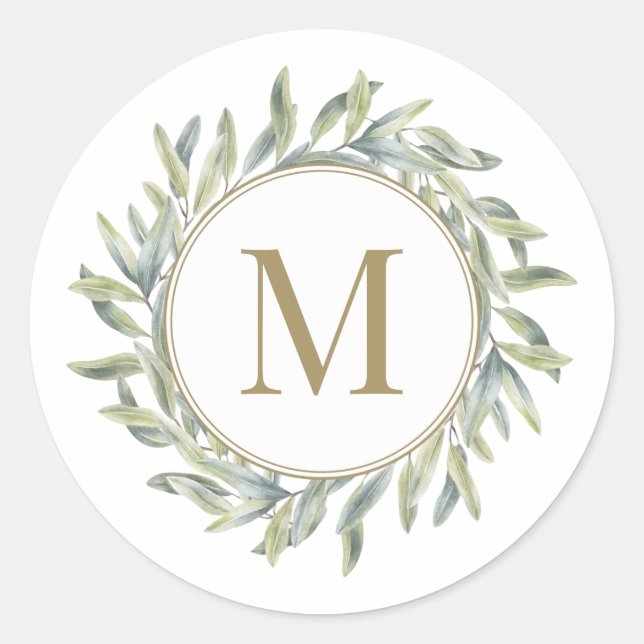 Olive Branch Laurel Wreath Personalized Monogram Classic Round Sticker (Front)