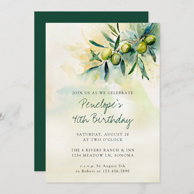 Olive Branch Mediterranean Botanical 40th Birthday Invitation (Front/Back)