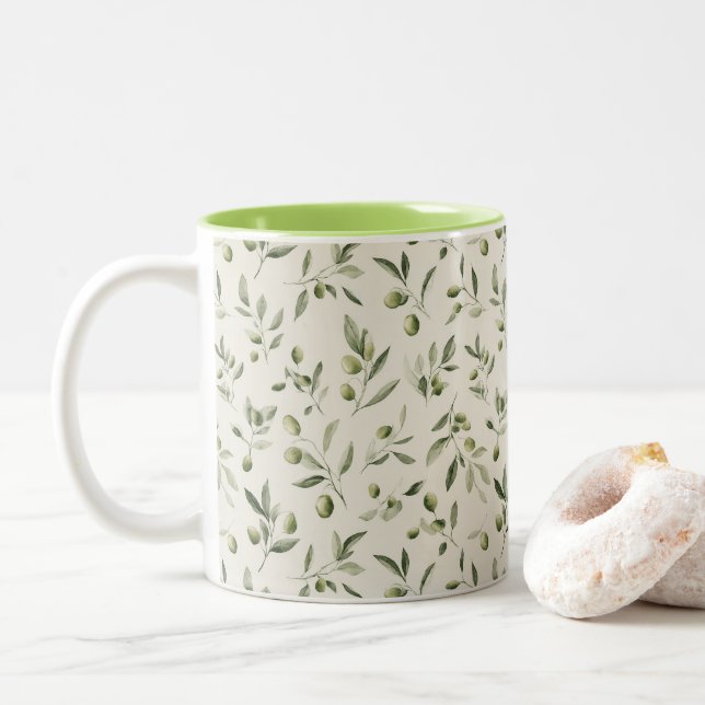 Olive Branch Mediterranean Pattern  Two-Tone Coffee Mug (With Donut)