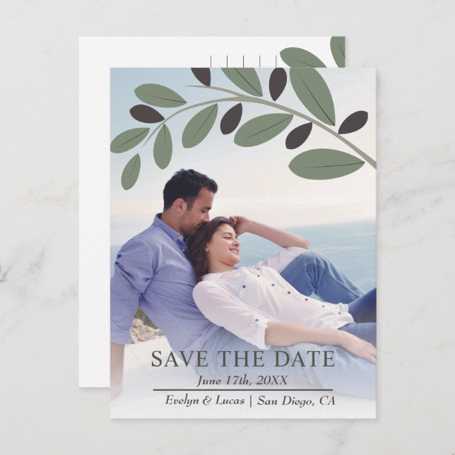 Olive branch Mediterranean photo Save the Date Postcard (Front/Back)