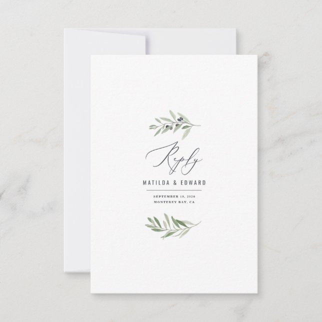 Olive branch minimal watercolor sage wedding reply (Front)
