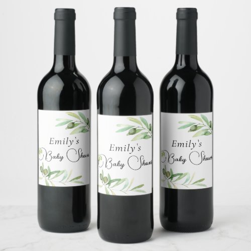 Olive branch Modern minimalist baby shower  Wine Label