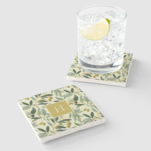 Olive Branch Monogram Initial Botanical Stone Coaster