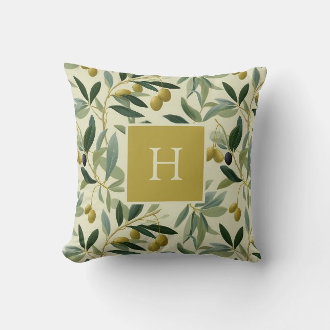 Olive Branch Monogram Initial Botanical Throw Pillow (Front)