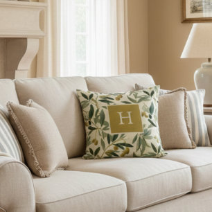 Olive Branch Monogram Initial Botanical Throw Pillow