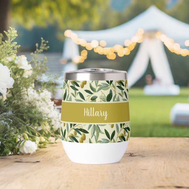 Olive Branch Monogram Name  Thermal Wine Tumbler (Wedding (Rotated))