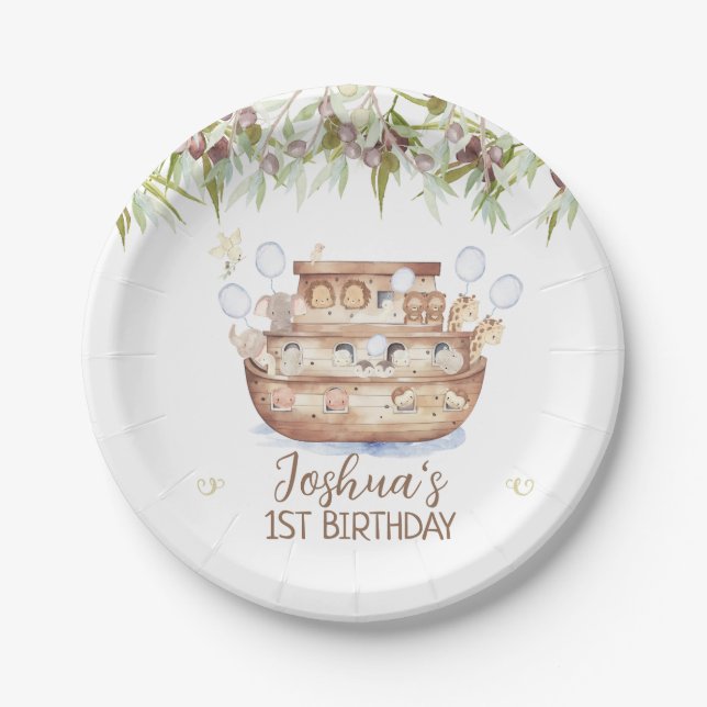 Olive Branch Noah's Ark Boys 1st Birthday Paper Plates (Front)