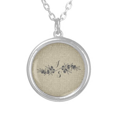 Olive Branch On Linen Look Background Silver Plated Necklace