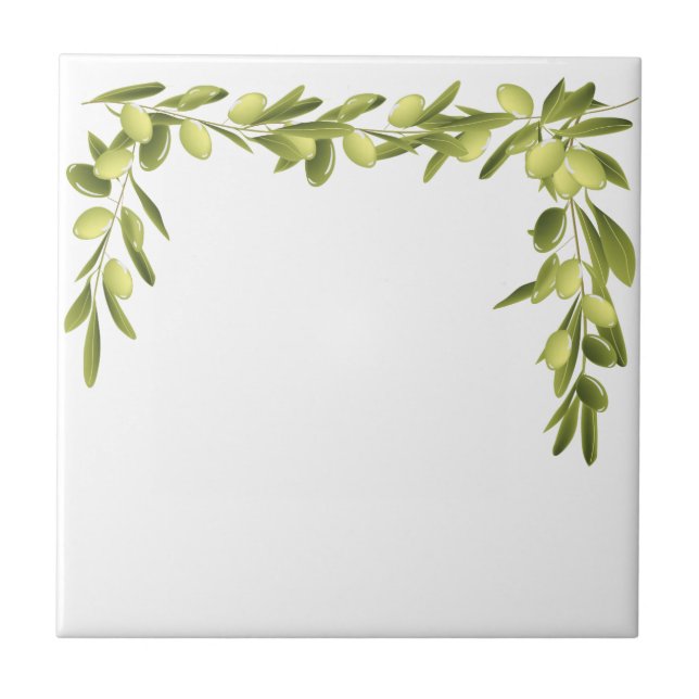 Olive Branch on White Leaves Olives Green tile (Front)