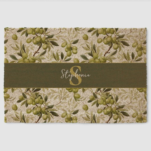 Olive Branch Pattern Monogram Name Mediterranean Fiber Doormat (Front)