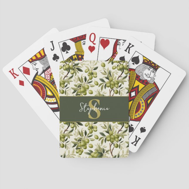 Olive Branch Pattern Monogram Name Mediterranean Poker Cards (Back)