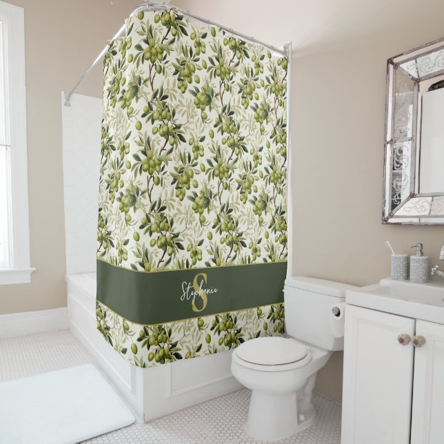 Olive Branch Pattern Monogram Name Mediterranean Shower Curtain (In Situ)