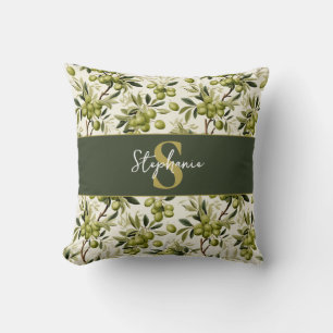 Olive Branch Pattern Monogram Name Mediterranean Throw Pillow