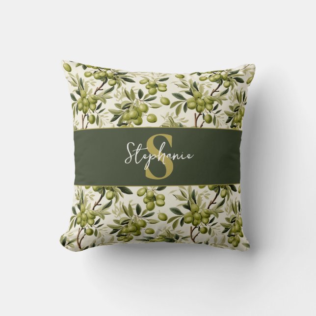Olive Branch Pattern Monogram Name Mediterranean Throw Pillow (Front)