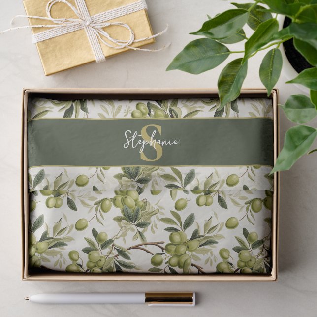 Olive Branch Pattern Monogram Name Mediterranean Tissue Paper (Gift)