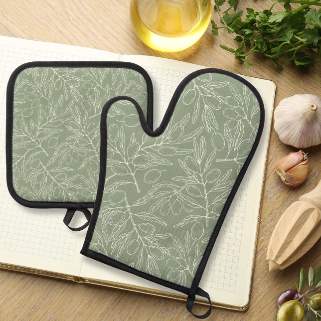Olive Branch Pattern Sage Green Oven Mitt & Pot Holder Set (Creator Uploaded)