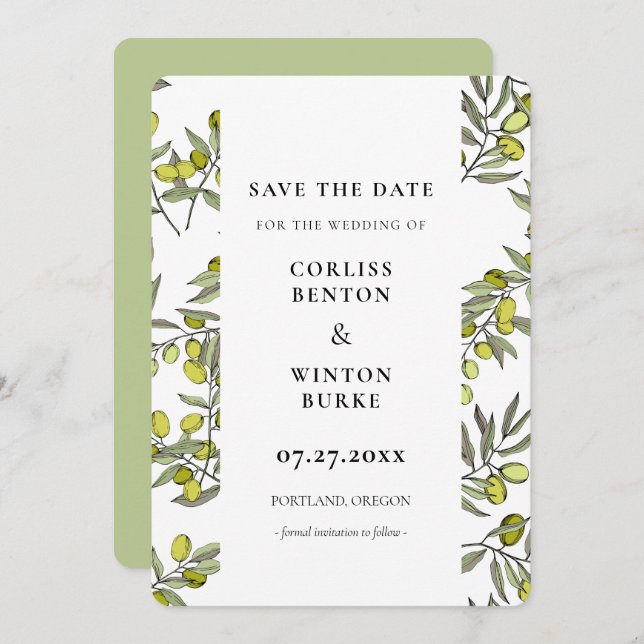 Olive branch pattern Save the date Invitation (Front/Back)