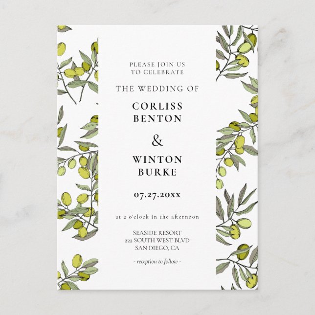 Olive branch pattern wedding invitation postcard (Front)