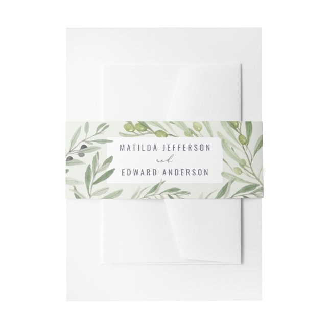 Olive branch personalized wedding invitation belly band (Front Example)