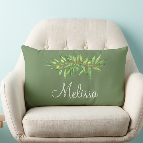 Olive Branch Sage Green Personalize Modern Simple Lumbar Pillow
