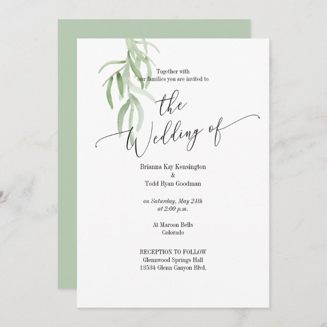 Olive Branch Sage Green Wedding Invitation (Front/Back)
