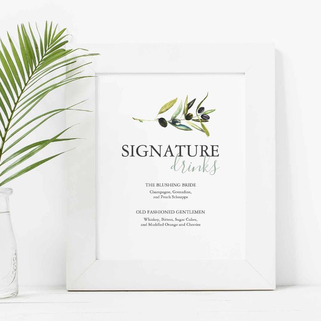 Olive Branch Signature Drinks Wedding Sign (Olive wedding bar signs with watercolor art by Victoria Grigaliunas of Do Tell A Belle)