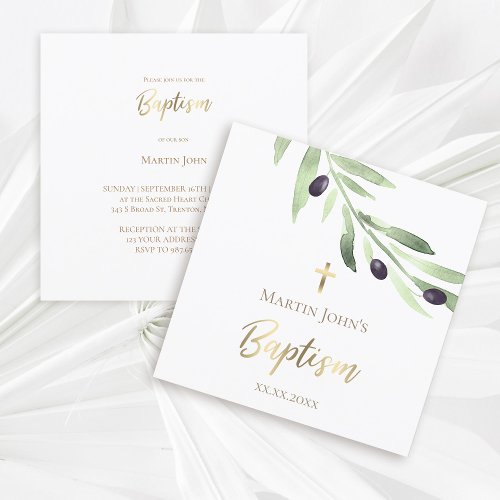 olive branch watercolor Baptism Invitation